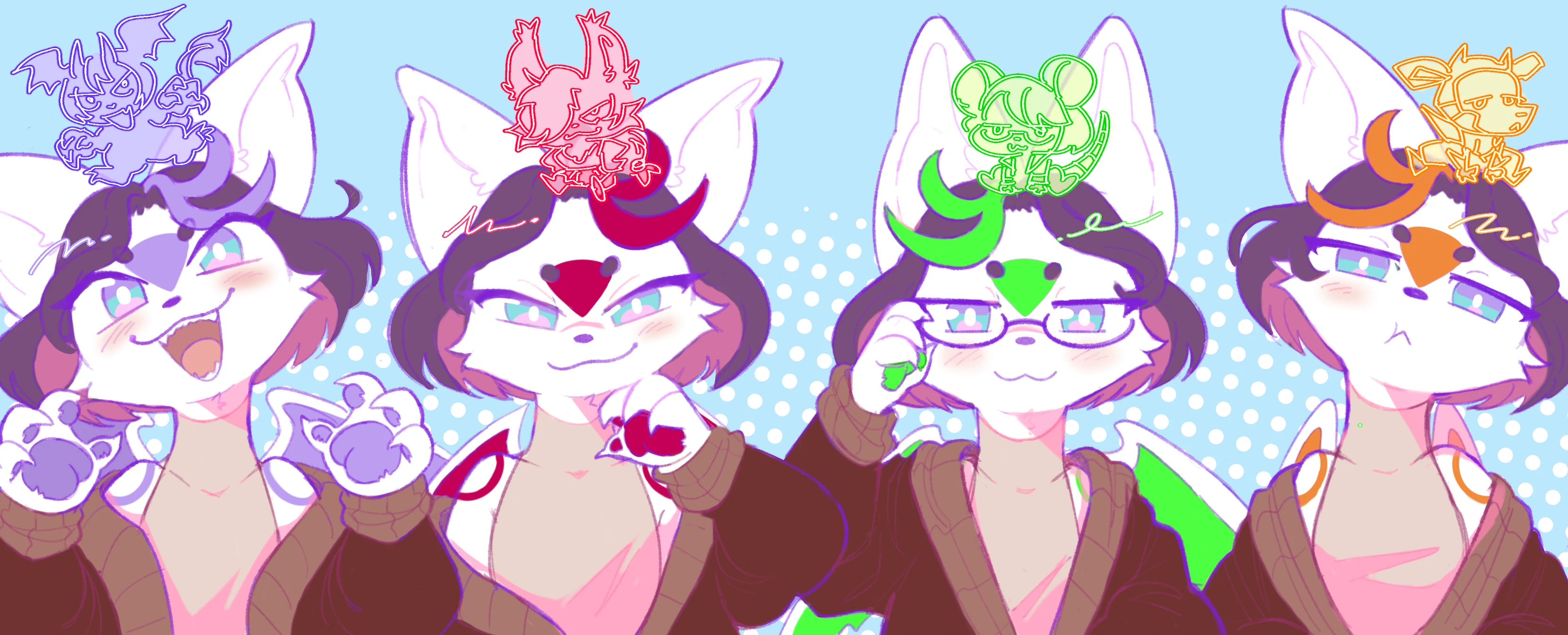 A lineup of our system fursona, a dragon/fox hybrid. Four versions are present, from left to right: Them with their paws up and an excited face, with a little specter of Xena overhead. Them with a mischevious look on their face with a little specter of Rose over their head. Them adjusting their glasses with an image of Penny over their head. Them looking upset with a spectre of ayre over their head.